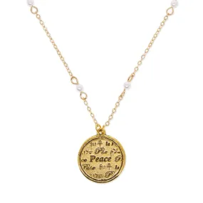 1928 Jewelry 3mm Faux Pearl Multilingual Peace Pendant Necklace 17"   3" Extension