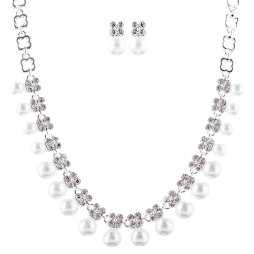 Bridal Wedding Jewelry Rhinestone Pearl Dangles Floral Necklace Set J666 Silver