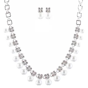 Bridal Wedding Jewelry Rhinestone Pearl Dangles Floral Necklace Set J666 Silver