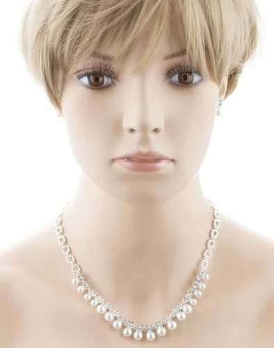 Bridal Wedding Jewelry Rhinestone Pearl Dangles Floral Necklace Set J666 Silver