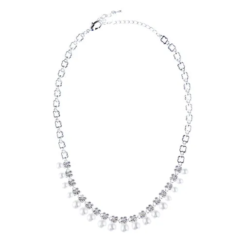 Bridal Wedding Jewelry Rhinestone Pearl Dangles Floral Necklace Set J666 Silver