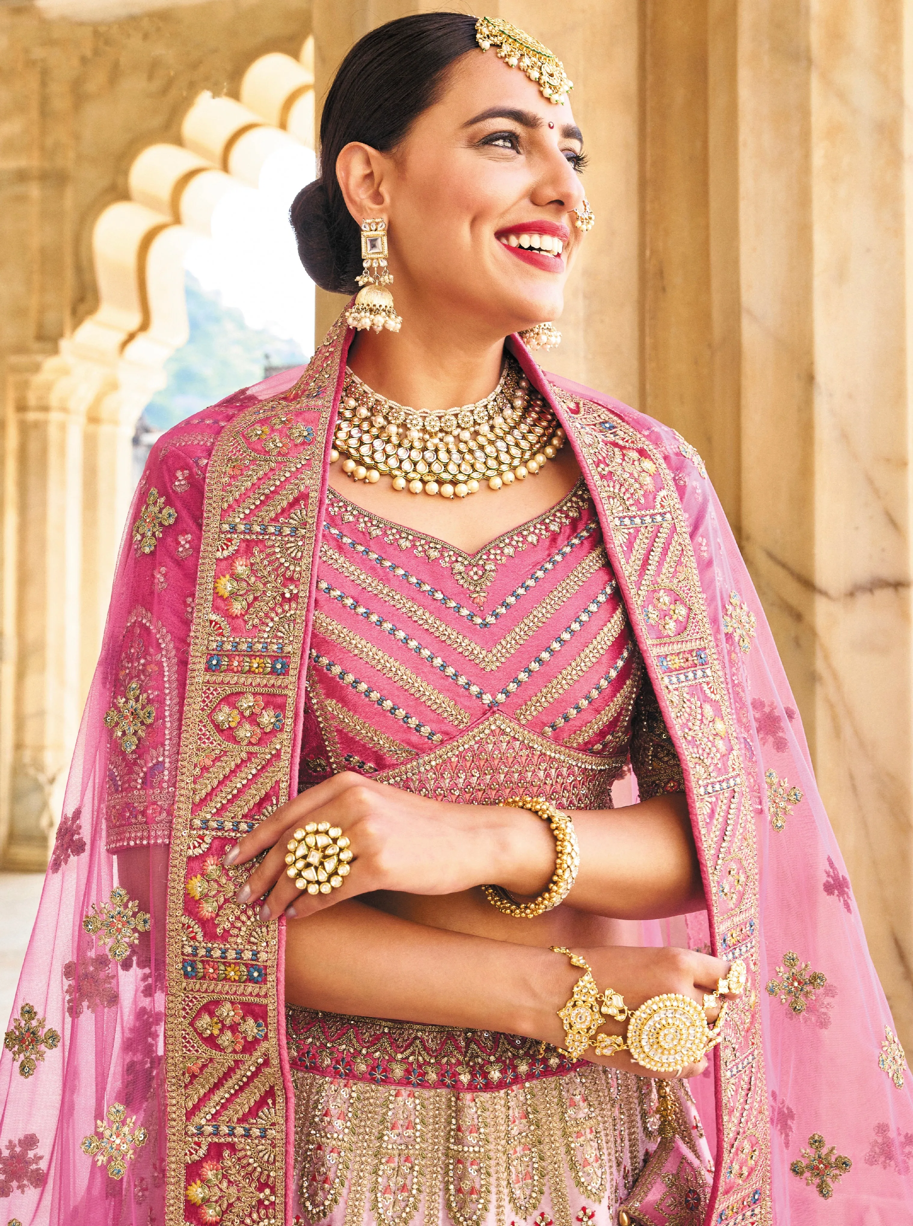 Elegant Pink Velvet Circular Lehenga with Intricate Embroidery and Net Dupatta