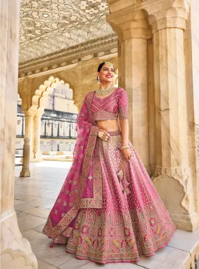 Elegant Pink Velvet Circular Lehenga with Intricate Embroidery and Net Dupatta