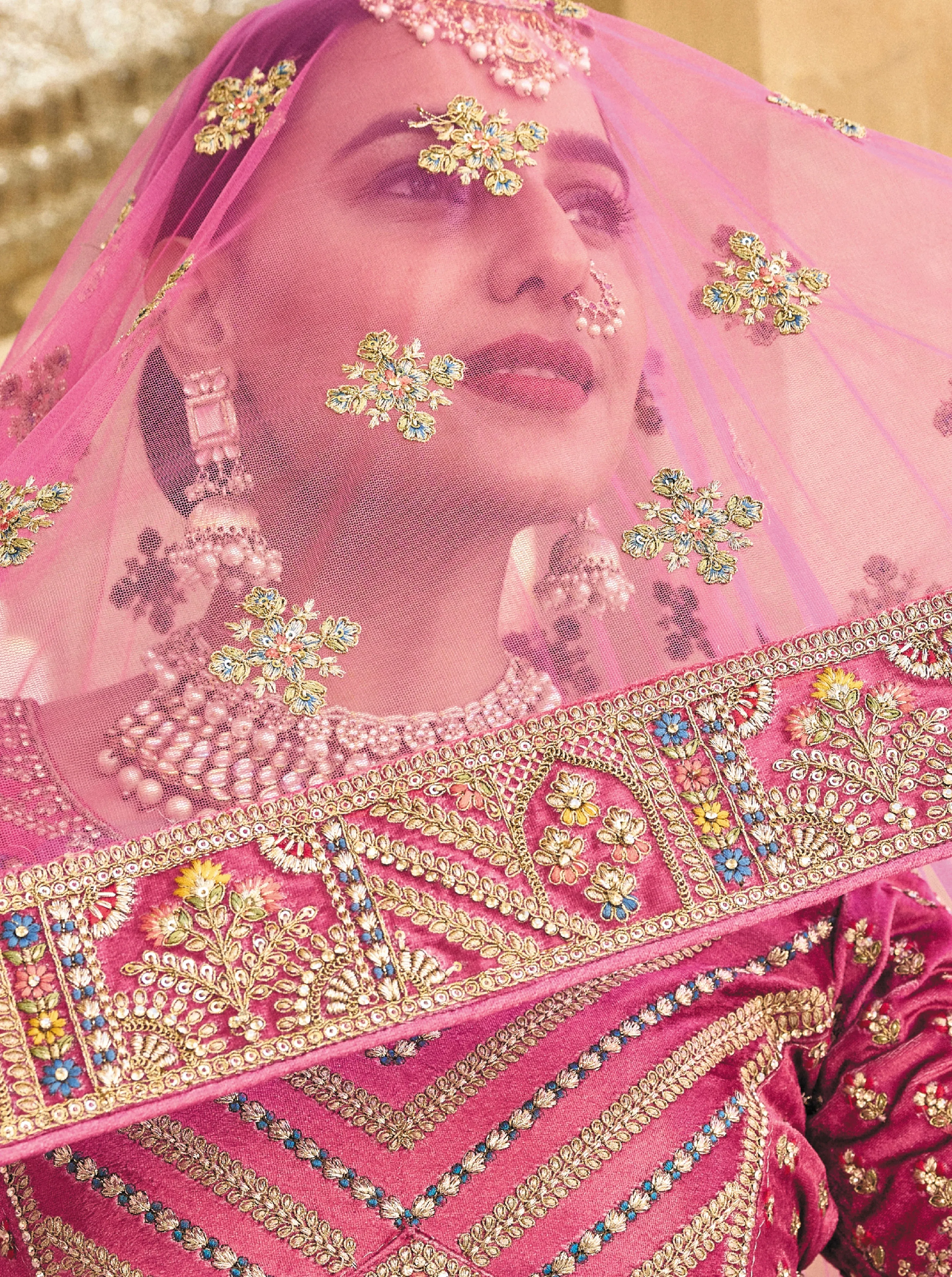 Elegant Pink Velvet Circular Lehenga with Intricate Embroidery and Net Dupatta