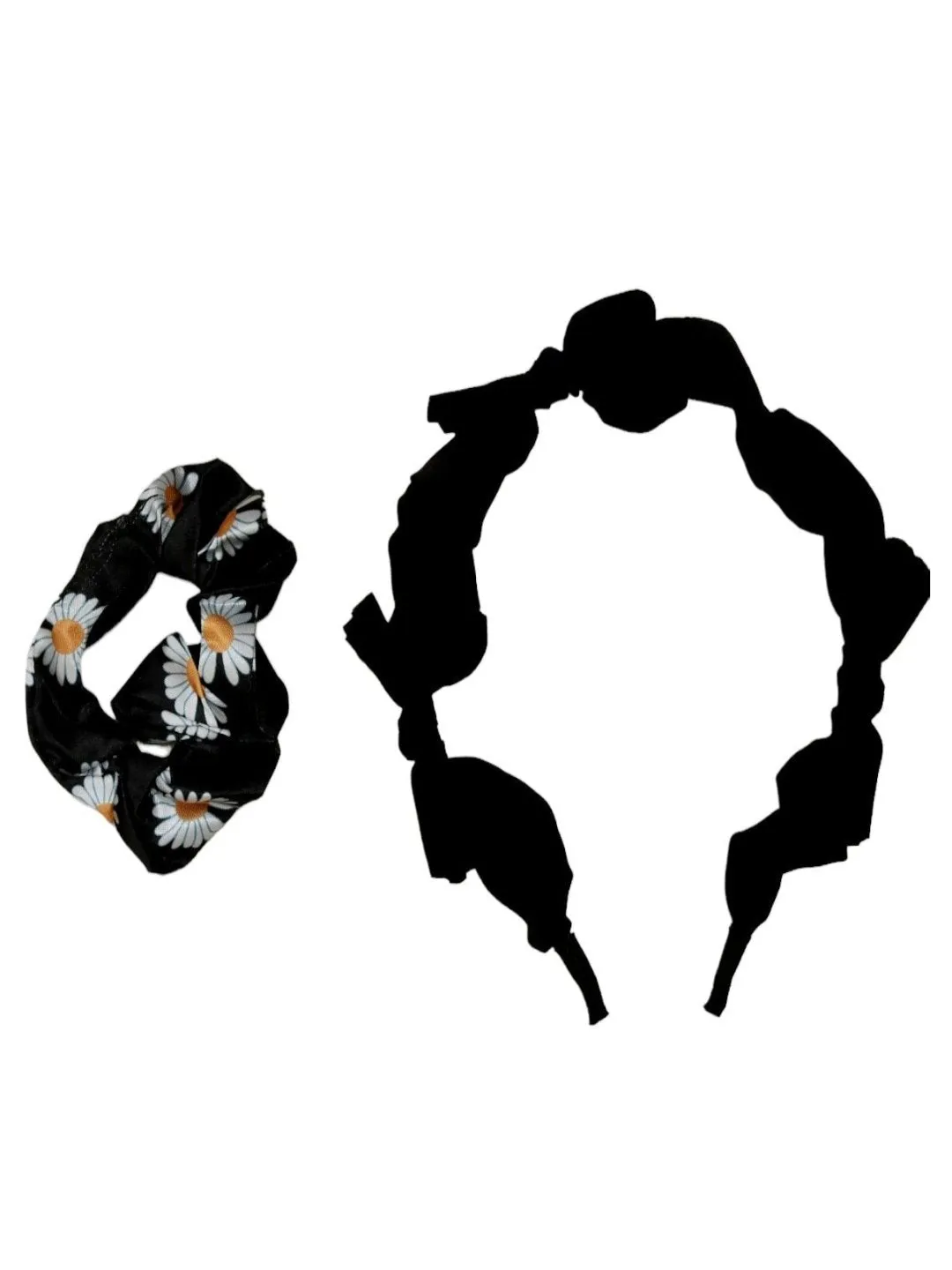 Monochrome Daisy Duo: Classic Black Twisted Headband and Floral Scrunchie Set