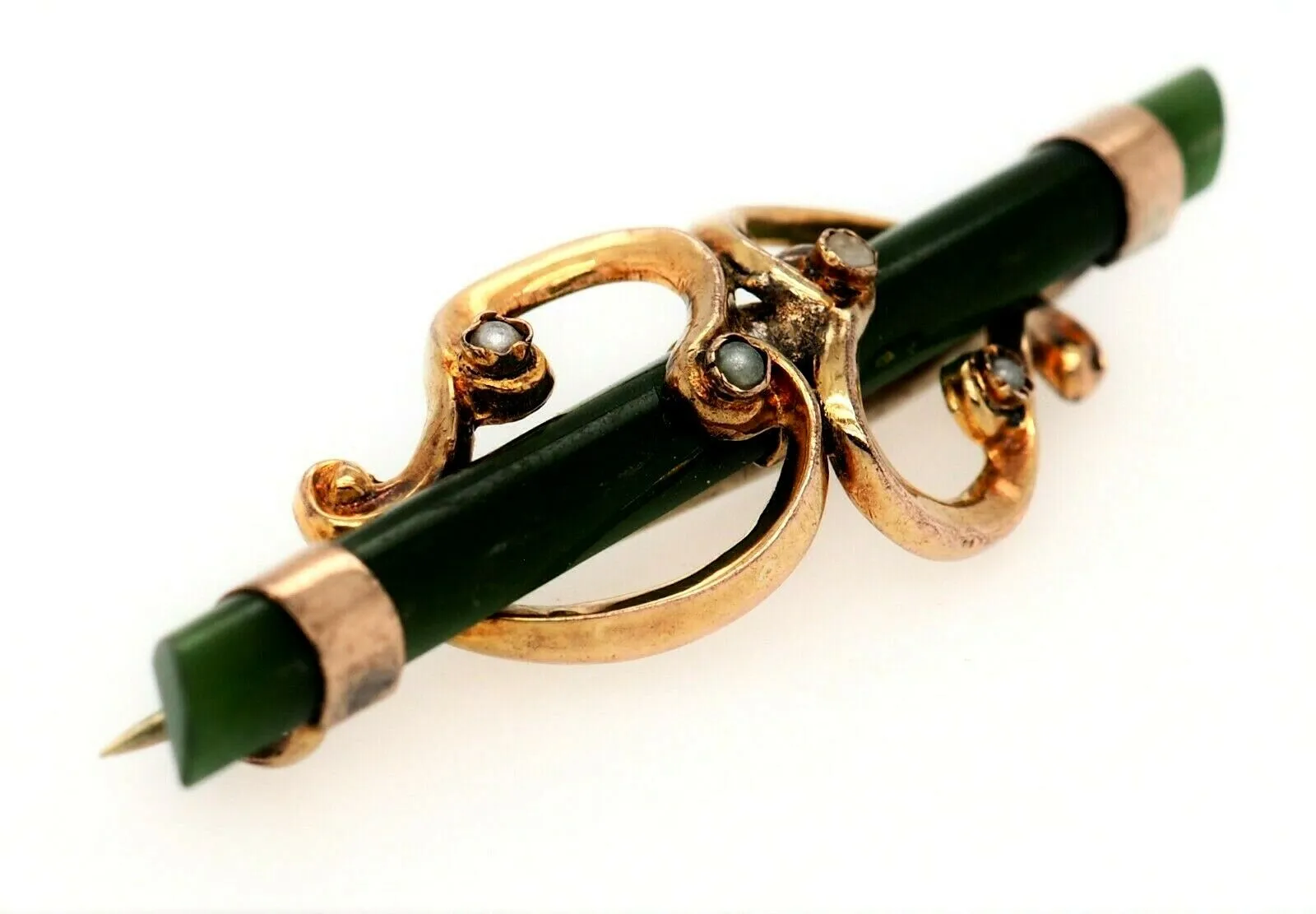 Nephrite & Seed Pearl 9ct Yellow Gold Bar Brooch