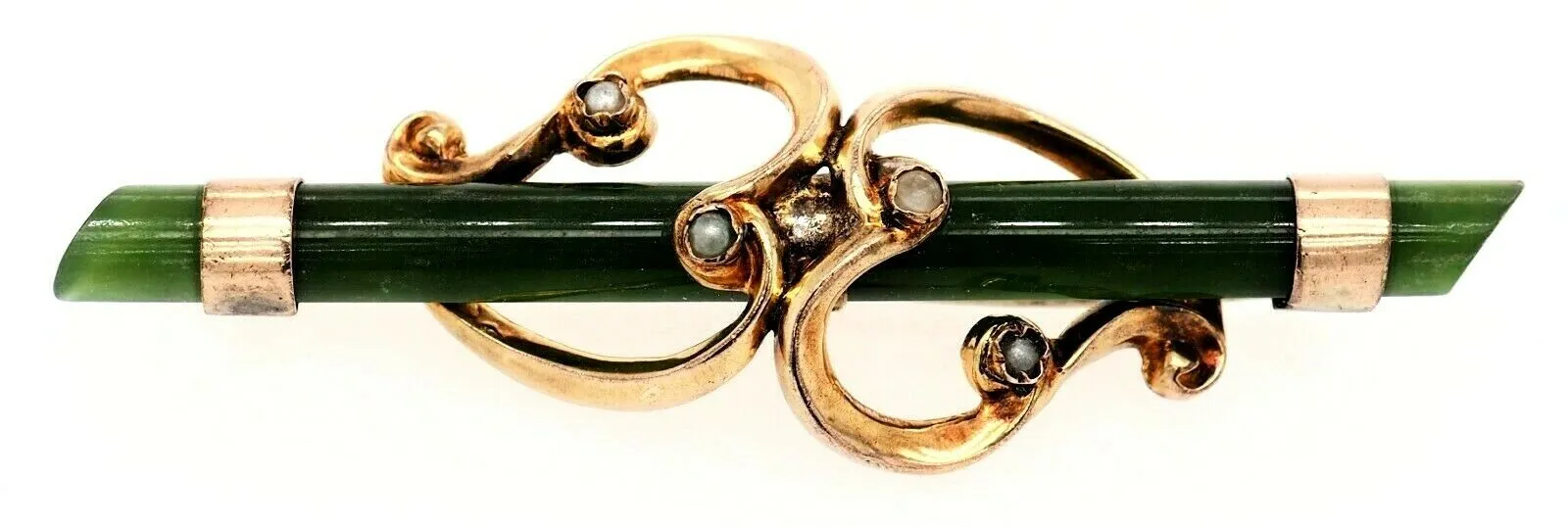 Nephrite & Seed Pearl 9ct Yellow Gold Bar Brooch