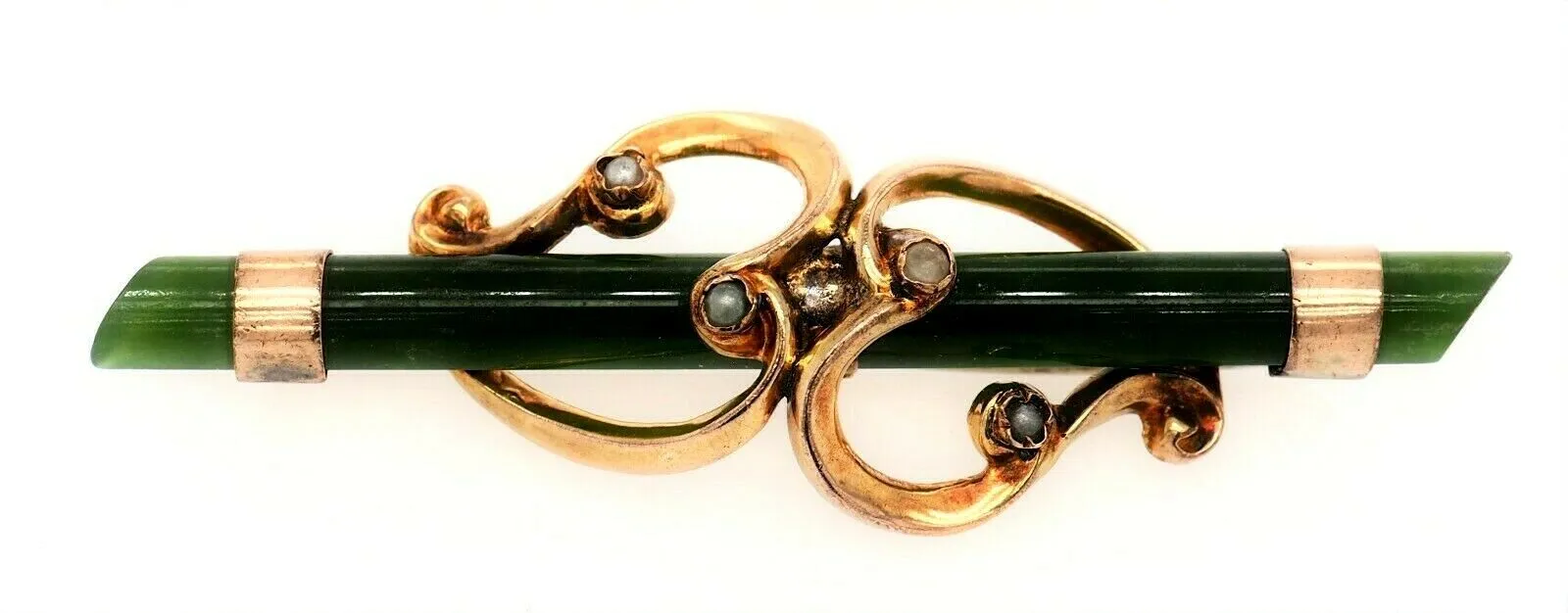 Nephrite & Seed Pearl 9ct Yellow Gold Bar Brooch