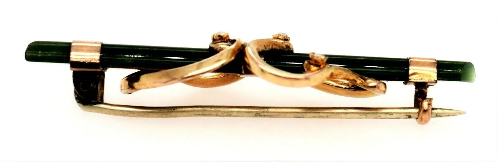 Nephrite & Seed Pearl 9ct Yellow Gold Bar Brooch