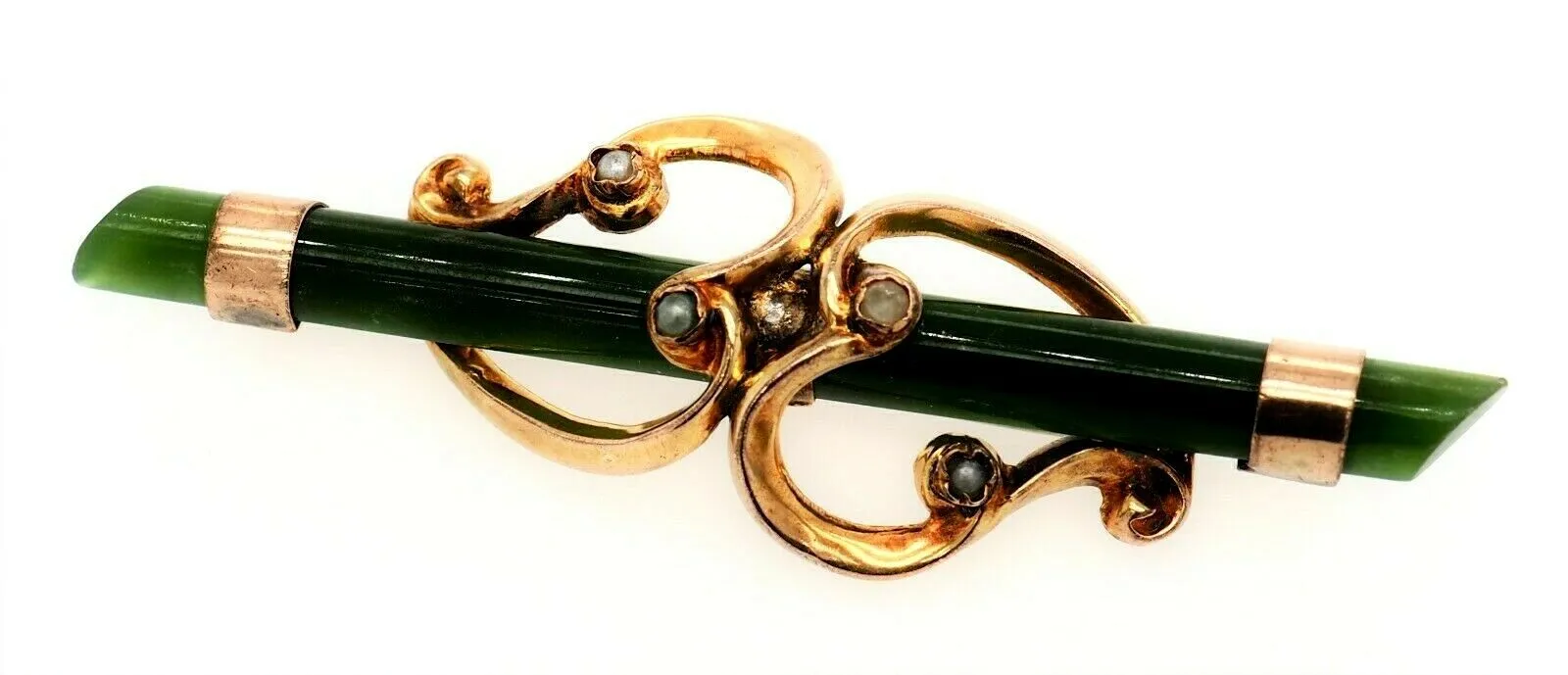 Nephrite & Seed Pearl 9ct Yellow Gold Bar Brooch