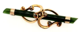 Nephrite & Seed Pearl 9ct Yellow Gold Bar Brooch