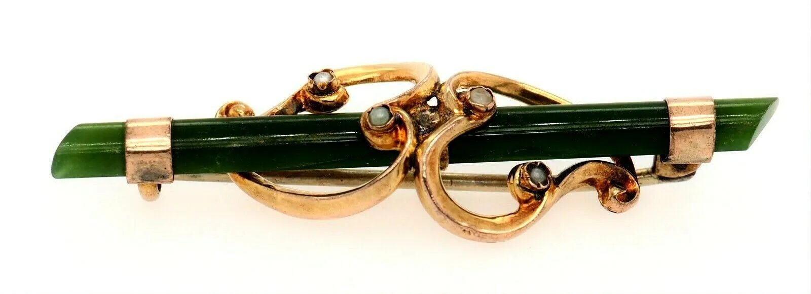 Nephrite & Seed Pearl 9ct Yellow Gold Bar Brooch