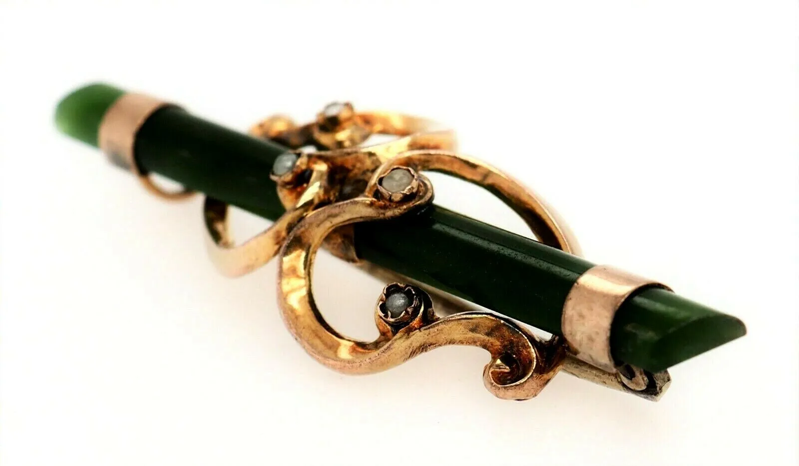 Nephrite & Seed Pearl 9ct Yellow Gold Bar Brooch