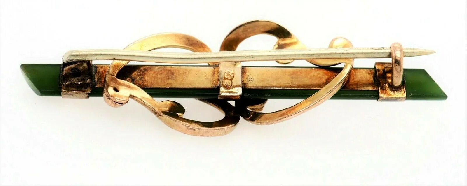 Nephrite & Seed Pearl 9ct Yellow Gold Bar Brooch
