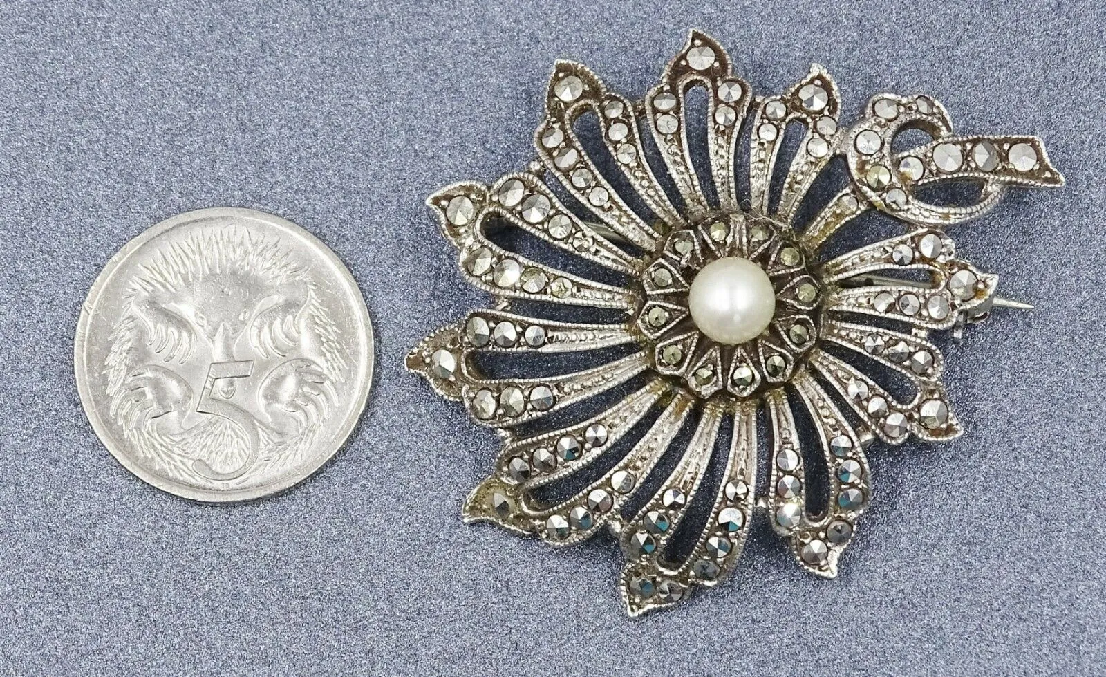 Pearl & Marcasite Floral Sterling Silver Brooch
