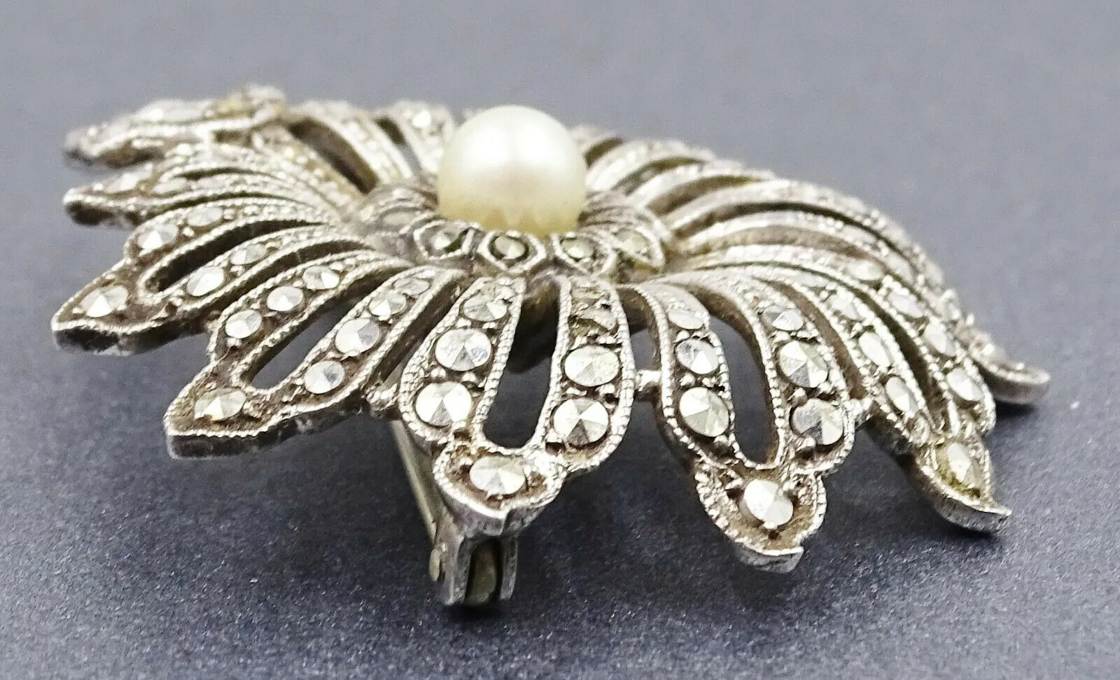 Pearl & Marcasite Floral Sterling Silver Brooch