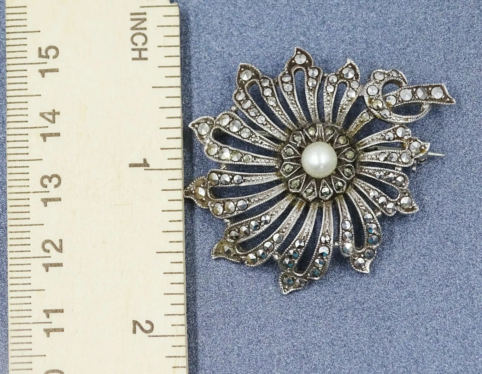 Pearl & Marcasite Floral Sterling Silver Brooch