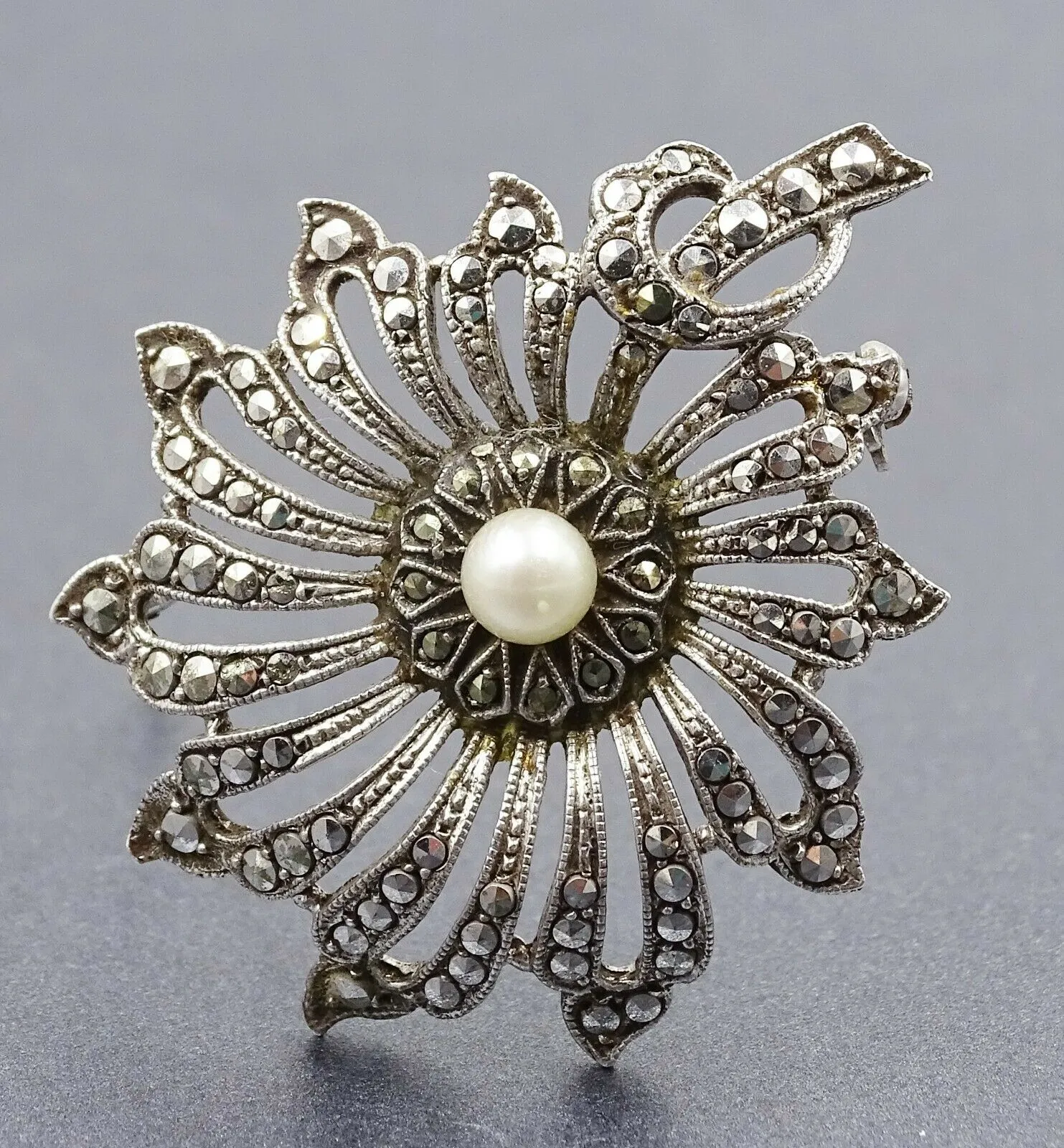 Pearl & Marcasite Floral Sterling Silver Brooch