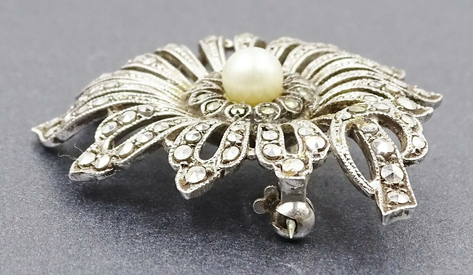 Pearl & Marcasite Floral Sterling Silver Brooch