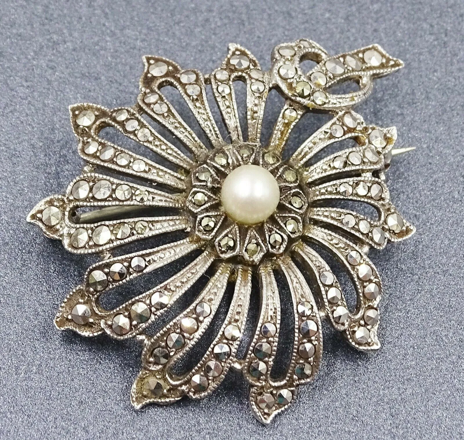 Pearl & Marcasite Floral Sterling Silver Brooch