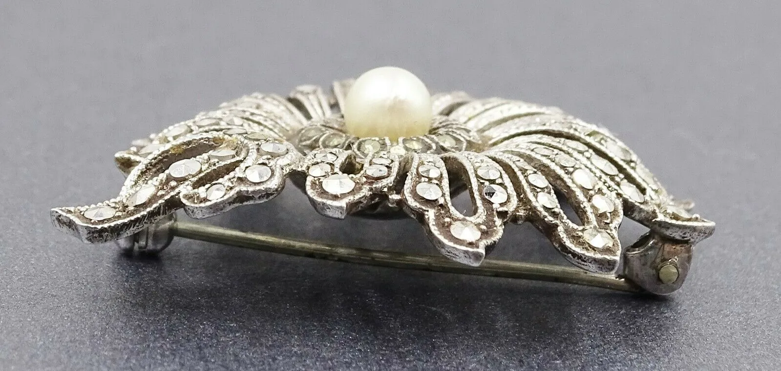 Pearl & Marcasite Floral Sterling Silver Brooch