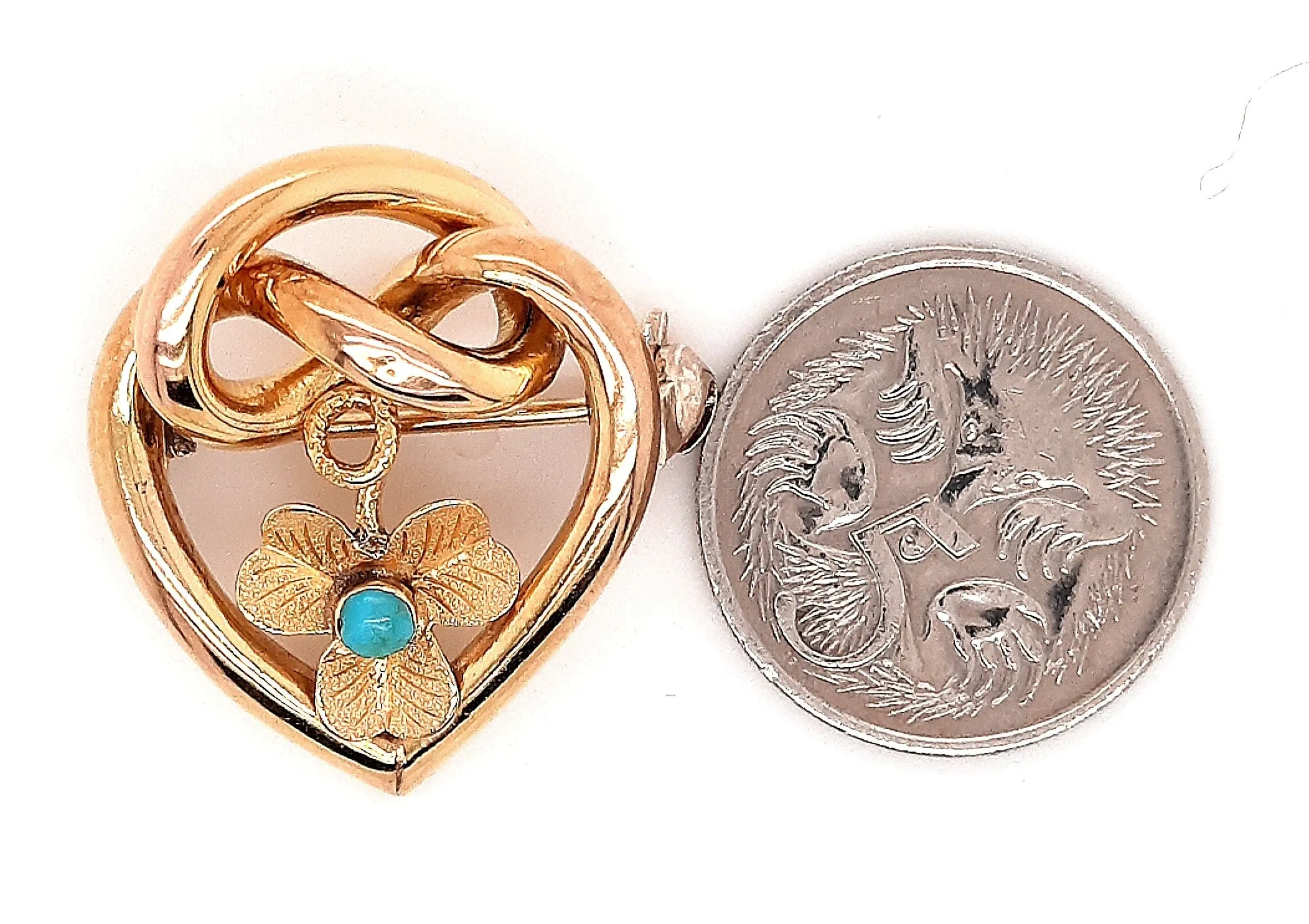 Turquoise & Gold Toned Heart & Love Knot Vintage Brooch with Floral Centre