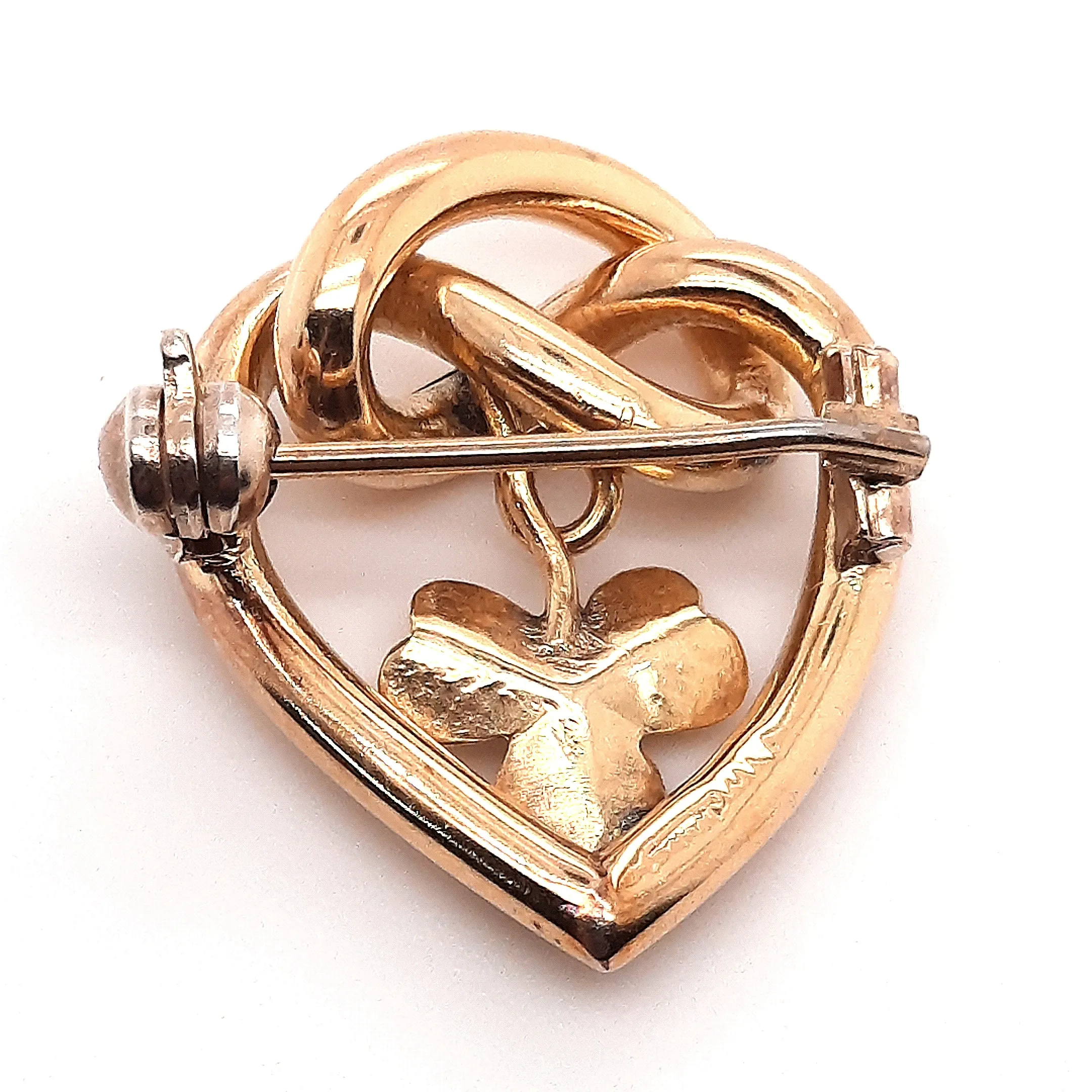 Turquoise & Gold Toned Heart & Love Knot Vintage Brooch with Floral Centre