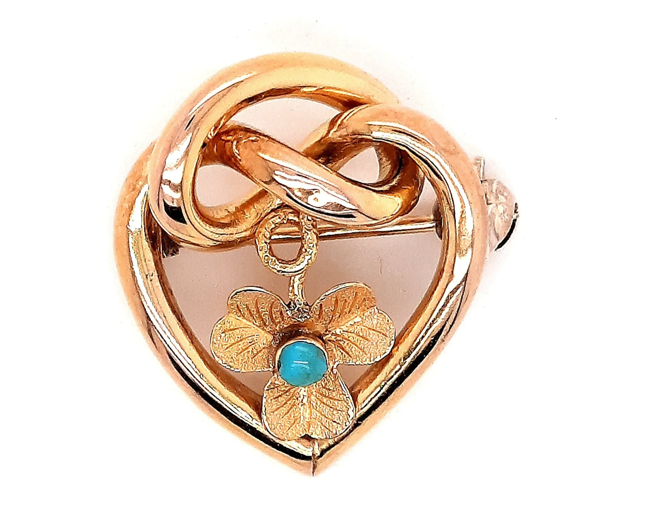 Turquoise & Gold Toned Heart & Love Knot Vintage Brooch with Floral Centre