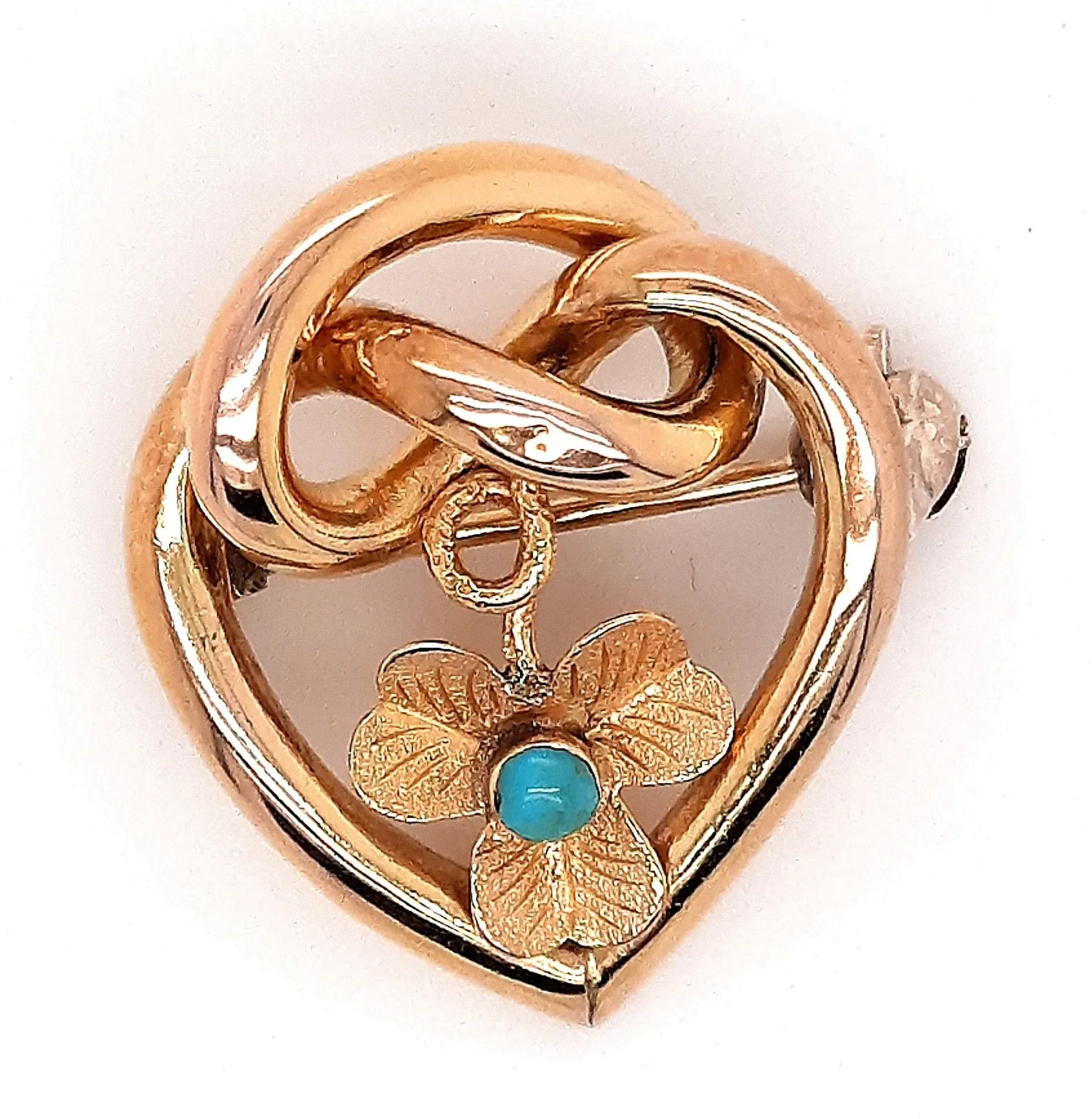 Turquoise & Gold Toned Heart & Love Knot Vintage Brooch with Floral Centre
