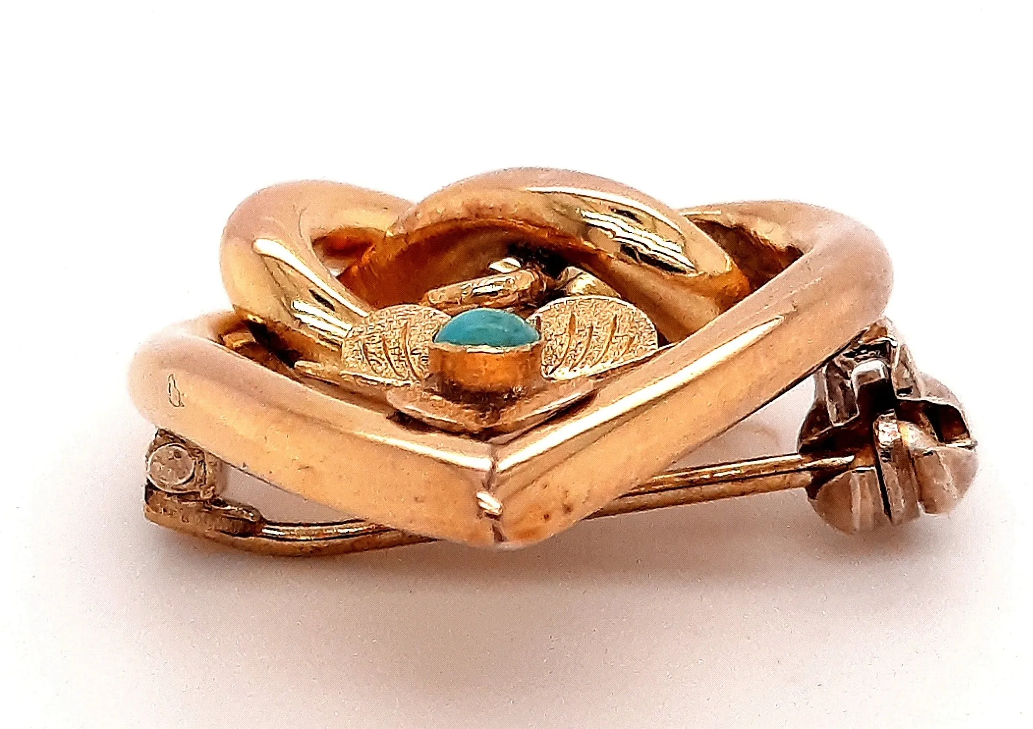 Turquoise & Gold Toned Heart & Love Knot Vintage Brooch with Floral Centre