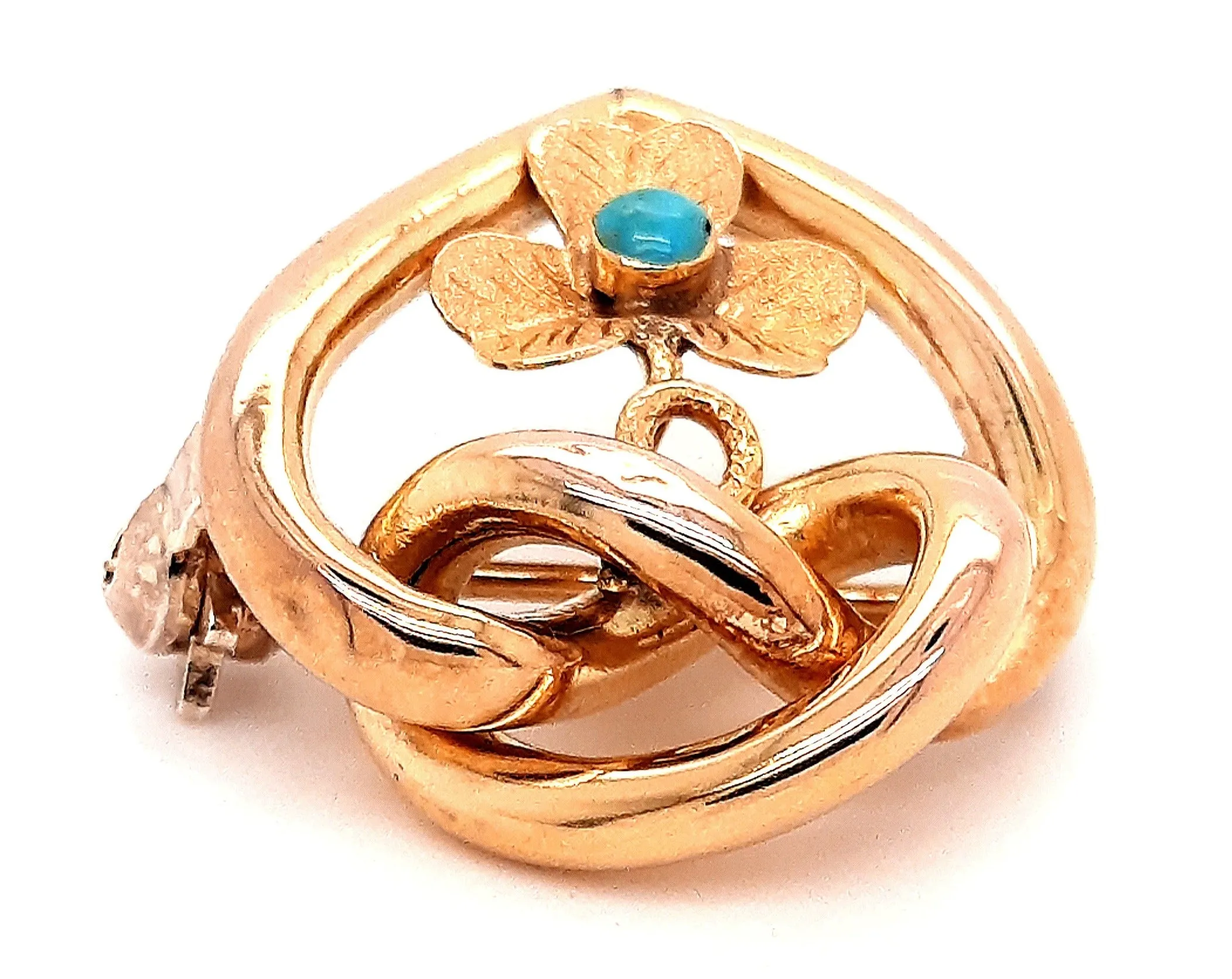 Turquoise & Gold Toned Heart & Love Knot Vintage Brooch with Floral Centre