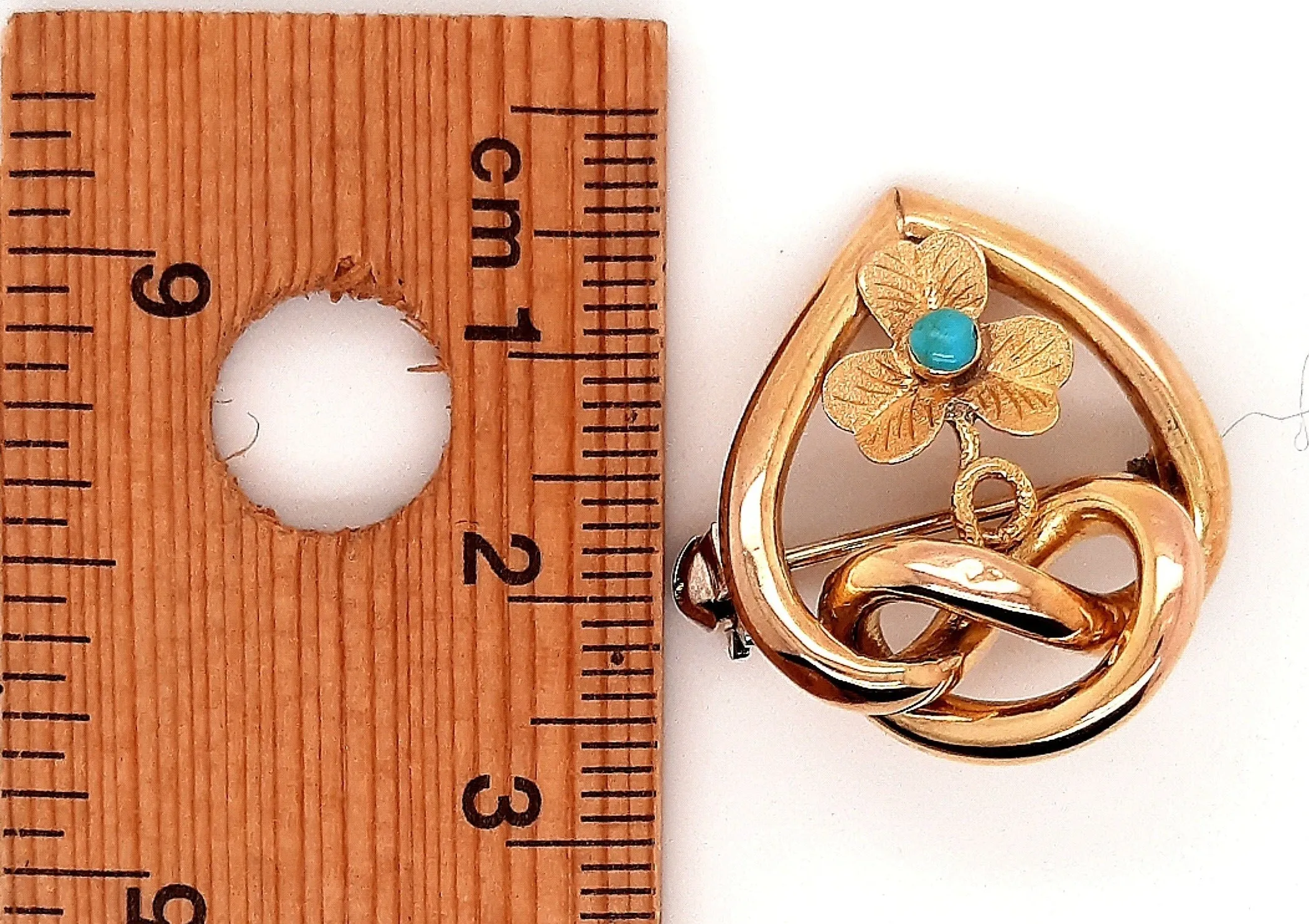 Turquoise & Gold Toned Heart & Love Knot Vintage Brooch with Floral Centre
