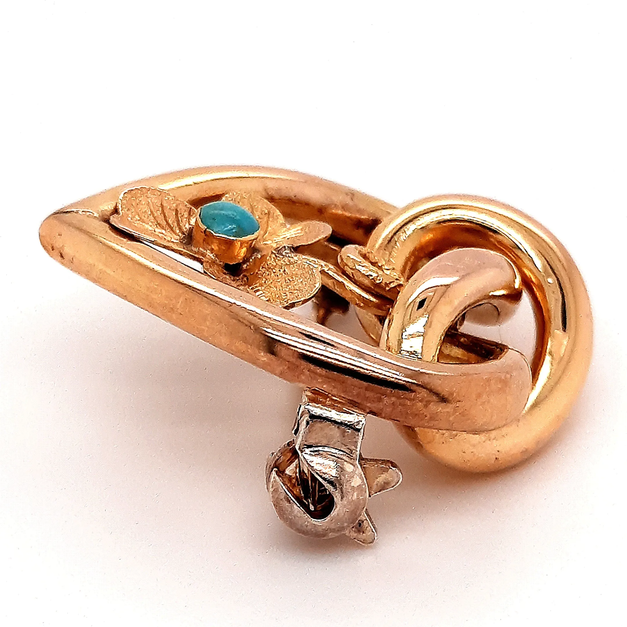 Turquoise & Gold Toned Heart & Love Knot Vintage Brooch with Floral Centre