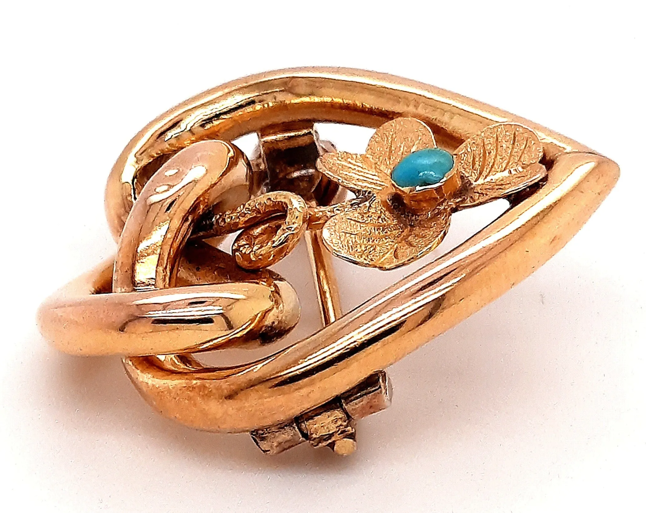 Turquoise & Gold Toned Heart & Love Knot Vintage Brooch with Floral Centre