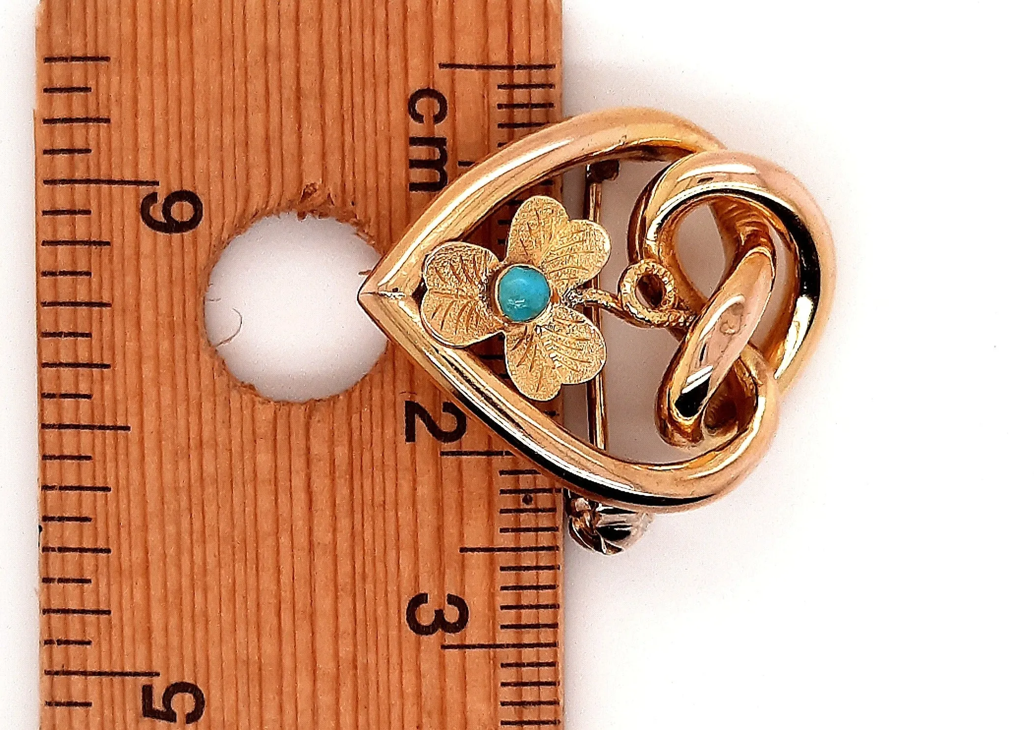 Turquoise & Gold Toned Heart & Love Knot Vintage Brooch with Floral Centre